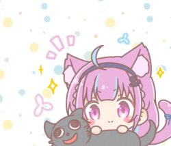  1girl ahoge anchor_hair_ornament animal animal_ear_fluff animal_ears black_cat blue_hair blue_hairband blush_stickers braid cat cat_ears cat_girl cat_tail chibi closed_mouth commentary_request hair_ornament hairband hands_up highres hololive minato_aqua mitarashi_neko multicolored_hair neko_(minato_aqua) pink_hair smile sparkle streaked_hair tail violet_eyes virtual_youtuber white_background 