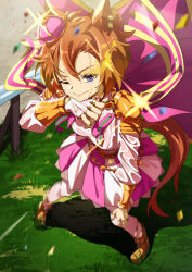  1girl animal_ears armor boots breasts cape closed_mouth commentary_request confetti crown damow_(myway83522) fingerless_gloves gloves gold_boots gold_corset hair_between_eyes highres horse_ears horse_girl horse_tail jewelry long_sleeves medium_breasts mini_crown multiple_rings one_eye_closed orange_hair orange_tail outdoors pink_cape pink_crown ring shirt short_hair shoulder_armor single_fingerless_glove skirt smile solo sweat t.m._opera_o_(o_sole_suo!)_(umamusume) t.m._opera_o_(umamusume) tail thigh-highs two-tone_skirt umamusume violet_eyes white_shirt white_thighhighs 