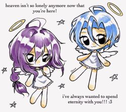  2boys :3 angel angel_wings ayase_mayoi barefoot black_eyes black_ribbon blue_hair braid chibi closed_mouth commentary crossdressing crossdressing_(mtf) dot_mouth dress earrings english_commentary english_text ensemble_stars! full_body hair_between_eyes hair_ribbon halo hand_up highres jewelry long_hair long_hair_between_eyes looking_at_viewer male_focus minnieeeworld multiple_boys purple_hair raised_inner_eyebrows ribbon short_hair signature simple_background single_braid sleeveless sleeveless_dress star_(symbol) stud_earrings tareme tojo_kaname tsurime white_background white_dress white_wings wings yellow_halo 