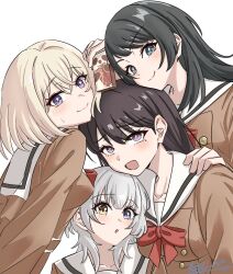 4girls bang_dream! bang_dream!_it's_mygo!!!!! black_hair blonde_hair blue_eyes blush bow bowtie breasts brown_dress brown_hair closed_mouth commentary_request dress drink_carton flour_clavicule hair_between_eyes hanasakigawa_school_uniform hand_on_another's_shoulder heart highres holding holding_drink_carton kaname_raana long_hair medium_breasts medium_hair misumi_uika mole mole_under_eye multiple_girls open_mouth red_bow red_bowtie sailor_dress school_uniform shiina_taki shirt simple_background violet_eyes white_background white_hair white_shirt yahata_umiri yellow_eyes 