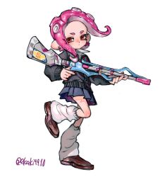  1girl artist_name bad_id bad_twitter_id black_shirt blue_skirt brown_shoes closed_mouth ekaki9990 floating_hair full_body holding holding_weapon leg_warmers long_hair looking_at_viewer octoling octoling_girl octoling_player_character pink_hair pleated_skirt red_eyes shirt shoes short_eyebrows simple_background skirt solo splatoon_(series) splatoon_3 squiffer_(splatoon) tentacle_hair weapon white_background white_leg_warmers 