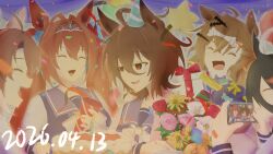  5girls agnes_tachyon_(umamusume) animal_ears birthday_cake bouquet bow bowtie box brown_hair cake candle cellphone chemical_structure closed_eyes crossed_bangs daiwa_scarlet_(umamusume) dantsu_flame_(umamusume) dated ear_covers ear_ornament earrings fang fire flower food gift gift_box hair_between_eyes hair_intakes hair_ornament hairband hairclip hat highres holding holding_bouquet holding_gift horse_ears horse_girl jewelry jungle_pocket_(umamusume) long_hair manhattan_cafe_(umamusume) multiple_girls open_mouth owlkamino parted_lips party_hat phone pink_hairband purple_sailor_collar purple_shirt red_eyes sailor_collar school_uniform shirt smartphone smile taking_picture tiara tracen_school_uniform twintails umamusume very_long_hair white_bow white_bowtie 
