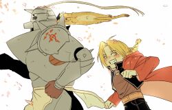 2boys 3bivl alphonse_elric armor belt black_pants blonde_hair blush braid edward_elric falling_petals full_armor fullmetal_alchemist gloves glowing glowing_eyes grin long_hair looking_at_viewer male_focus multiple_boys pants petals running shirt simple_background single_braid smile teeth white_background white_gloves yellow_eyes 