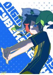  1boy aiba_takumi blue_eyes closed_eyes copyright_name digimon digimon_(creature) digimon_on_head digimon_story:_cyber_sleuth goggles goggles_on_head looking_at_viewer male_focus pants red_hair shirt stretching terriermon xinjinjumin040862880251 yellow_pants 
