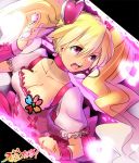  blonde_hair breasts choker cleavage collarbone cure_peach dutch_angle earrings fresh_precure! frilled_skirt hair_ornament jewelry long_hair magical_girl magister_(bigbakunyuu) momozono_love open_mouth pink_eyes precure title_drop twintails wrist_cuffs 