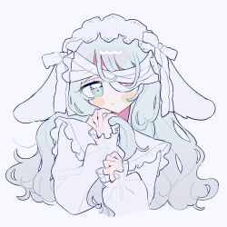  1girl bandaged_head bandages blue_eyes blue_hair blush_stickers closed_mouth commentary_request cropped_torso hands_up hat highres long_hair long_sleeves looking_at_viewer niyu_(nennenkorori3) one_eye_covered original shirt simple_background sleeves_past_wrists solo white_background white_hat white_shirt 