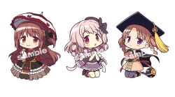  3girls :o arm_up bare_legs beret black_boots black_bow black_cape black_capelet black_coat black_hat black_shorts black_thighhighs black_vest blush blush_stickers book boots bow bowtie braid brooch brown_eyes brown_hair buttons cape capelet chain chibi chibi_only closed_mouth coat collar collared_cape collared_shirt commentary_request crinoline cropped_shirt dress elbow_gloves footwear_bow frilled_capelet frilled_collar frilled_skirt frills full_body fur-trimmed_coat fur_trim gecchu gloves gothic_lolita grimoire hair_bobbles hair_bow hair_ornament hair_ribbon hair_rings hat hat_bow hat_tassel highres hiiragi_nemu holding holding_book holding_umbrella jewelry knee_boots knees lolita_fashion long_hair looking_at_viewer magia_record:_mahou_shoujo_madoka_magica_gaiden magical_girl mahou_shoujo_madoka_magica microskirt mini_hat mortarboard multiple_girls neck_ribbon official_style orange_dress parasol parted_bangs pink_eyes pink_hair pink_ribbon red_bow red_bowtie red_sleeves ribbon sample_watermark satomi_touka shirt short_dress shorts shorts_under_skirt side_braid simple_background skirt sleeve_bow sleeves_past_wrists smile soul_gem strapless strapless_dress tamaki_ui thigh-highs twin_braids two-tone_capelet umbrella vest violet_eyes watermark white_background white_bow 