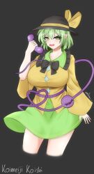  1girl black_background black_bow black_bowtie black_hat bow bowtie breasts character_name commentary green_eyes green_skirt gren_hair hat hat_ribbon heart heart_of_string highres holding holding_phone komeiji_koishi large_breasts lazyseal looking_at_viewer open_mouth phone ribbon shirt short_hair signature simple_background skirt solo third_eye touhou yellow_ribbon yellow_shirt 