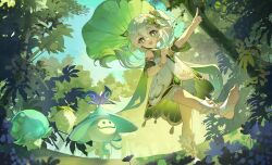  1girl absurdres anklet bare_legs bloomers bracelet braid cape chinese_commentary commentary_request detached_sleeves dress feet forest full_body fungi_(genshin_impact) genshin_impact giant_leaf gradient_hair green_cape green_eyes hair_ornament highres holding jewelry leaf_hair_ornament leaf_umbrella lotus_leaf multicolored_hair nahida_(genshin_impact) nature pointing pointy_ears side_ponytail smile soles stirrup_footwear teeth toes tree upper_teeth_only white_hair yushi_yels 