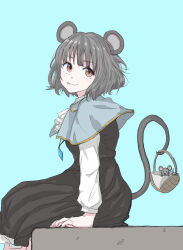  1girl :p animal animal_ears ascot basket blue_background blue_capelet blush capelet crystal frilled_ascot frilled_skirt frills grey_hair grey_skirt grey_vest hand_rest highres holding holding_basket jewelry kashiwada_kiiho long_sleeves mouse_(animal) mouse_ears mouse_girl mouse_tail nazrin necklace pendant red_eyes shirt short_hair sitting skirt solo_focus tail tongue tongue_out touhou vest white_ascot white_shirt 