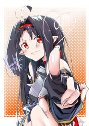  1121_mikisakura 1girl absurdres ahoge armor artist_name bare_shoulders blush border breastplate character_name closed_mouth commentary_request crossed_legs detached_sleeves fingernails gloves gradient_background hair_intakes hairband hand_up heart highres leotard long_fingernails long_hair long_sleeves orange_background outside_border parted_bangs pointy_ears polka_dot polka_dot_background purple_armor purple_gloves purple_hair purple_leotard purple_sleeves red_eyes red_hairband red_trim signature sitting smile solo straight_hair sword_art_online turtleneck turtleneck_leotard watermark white_background white_border yellow_trim yuuki_(sao) 