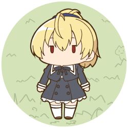  1girl ahoge ando_tazusa animal arms_at_sides assault_lily black_ribbon blonde_hair blue_ribbon border brown_shoes buttons cat chibi commentary_request cropped_jacket floral_background full_body green_background hair_between_eyes hair_ribbon high-waist_skirt jitome juliet_sleeves long_sleeves looking_at_viewer lowres masaki_itsuki neck_ribbon no_mouth puffy_sleeves red_eyes ribbon round_border school_uniform shoes short_hair skirt solo standing thigh-highs transparent_background white_thighhighs yurigaoka_girls_academy_school_uniform zettai_ryouiki 