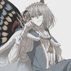  1boy arthropod_boy blue_cape blue_cloak blue_eyes bug butterfly butterfly_wings cape cloak closed_mouth crown diamond_hairband fate/grand_order fate_(series) fur-trimmed_cape fur-trimmed_cloak fur_trim grey_background grey_hair hand_up highres insect_on_finger insect_wings long_sleeves male_focus moth oberon_(fate) oberon_(first_ascension)_(fate) santadoumi_(hunt0z) short_hair simple_background sitting smile solo tassel wings 