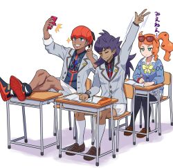  1girl 2boys alternate_costume aqua_eyes arm_up black_hair black_pantyhose black_shirt blue_cardigan bow breasts brown_shoes cardigan cellphone chair closed_eyes closed_mouth collared_shirt dark-skinned_male dark_skin desk eyewear_on_head facial_hair feet_on_table green_eyes grey_jacket hair_ornament headband heart heart_hair_ornament highres holding holding_pencil holding_phone jacket leon_(pokemon) long_hair multiple_boys notebook official_alternate_costume on_chair open_mouth orange_hair orange_headband pantyhose pencil phone pokemoa pokemon pokemon_masters_ex pokemon_sword_and_shield purple_hair raihan_(pokemon) rotom rotom_phone school_desk selfie shirt shoes short_hair shorts side_ponytail sitting skirt smartphone smile sonia_(academy)_(pokemon) sonia_(pokemon) sunglasses swept_bangs w white_shorts writing yellow_bow 