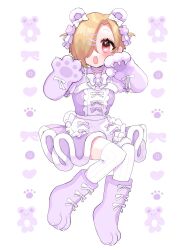  1girl animal_ears animal_hands bear_ears bear_paws blonde_hair blush claw_pose commentary_request dress fake_animal_ears fang full_body fur-trimmed_dress fur_trim gloves hair_over_one_eye highres idolmaster idolmaster_cinderella_girls looking_at_viewer open_mouth paw_gloves paw_shoes purple_dress red_eyes shine_asahi shirasaka_koume short_hair solo thigh-highs white_thighhighs zettai_ryouiki 
