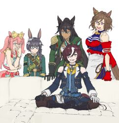  5girls absurdres agnes_digital_(full-color_fangirling)_(umamusume) agnes_digital_(umamusume) animal_ears bare_shoulders behind_another belt black_boots black_choker black_hair blue_eyes boots bow braid brown_hair brown_pantyhose choker closed_mouth coat commentary_request couch covered_mouth covering_own_mouth dark-skinned_female dark_skin detached_sleeves dress ear_ornament earclip expressionless eyepatch glasses gloves grey_hair grin hair_between_eyes hair_bow halterneck hand_over_own_mouth height_difference highres horse_ears horse_girl horse_tail jacket korean_commentary leaning_forward long_hair looking_at_another looking_at_viewer meme miniskirt multicolored_hair multiple_girls necktie oladohamm on_couch one_eye_covered open_clothes open_jacket open_mouth pantyhose pink_hair piper_perri_surrounded_(meme) shirt short_hair sitting skirt smile symboli_kris_s_(onyx_soldier)_(umamusume) symboli_kris_s_(umamusume) tail tanino_gimlet_(embodiment_of_keravnos)_(umamusume) tanino_gimlet_(umamusume) tap_dance_city_(glitter!)_(umamusume) tap_dance_city_(umamusume) two-tone_hair umamusume very_long_hair vest violet_eyes yellow_eyes zenno_rob_roy_(heroic_author)_(umamusume) zenno_rob_roy_(umamusume) 