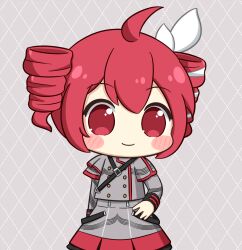  1girl argyle_background blush_stickers chibi chibi_only closed_mouth commentary_request cowboy_shot double-parted_bangs drill_hair grey_background grey_jacket grey_skirt hair_between_eyes hair_ribbon highres jacket kasane_teto kasane_teto_(sv) long_sleeves nukotun pleated_skirt red_eyes red_hair ribbon short_hair skirt smile solo synthesizer_v twin_drills utau white_ribbon 