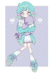  1girl :< aqua_hair bear_hair_ornament blush_stickers border cardigan closed_mouth commentary_request double_horizontal_stripe dress full_body green_cardigan green_shoes grey_background grid_background hair_ornament highres holding holding_stuffed_toy long_sleeves looking_at_viewer niyu_(nennenkorori3) open_cardigan open_clothes original outside_border pleated_dress shoes short_dress short_hair sneakers socks solo standing standing_on_one_leg striped_clothes striped_dress stuffed_animal stuffed_toy teddy_bear violet_eyes white_border white_dress white_socks 