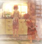  age_difference apron arms_behind_back bad_id barefoot brown_hair cooking flower kitchen mother&#039;s_day mother's_day mother_and_daughter multiple_girls original pon_(cielo) shirt skirt sleeves_rolled_up standing twintails window 