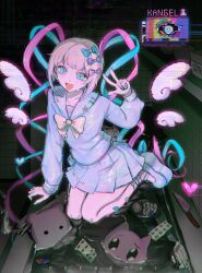  2girls ame-chan_(needy_girl_overdose) bathtub blonde_hair blue_bow blue_eyes blue_hair blue_serafuku blue_shoes blue_skirt bow bowtie chouzetsusaikawa_tenshi-chan chouzetsusaikawa_tenshi-chan_(needy_girl_overdose_exhibition) dual_persona glowing hair_bow hair_ornament highres implied_death in_bathtub long_hair long_sleeves looking_at_viewer mokhamai multicolored_hair multiple_girls needy_girl_overdose open_mouth pill pill_bottle pink_bow pink_hair platform_shoes purple_bow quad_tails school_uniform serafuku shoes skirt smile sweatdrop wings yellow_bow yellow_bowtie 