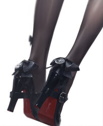  1girl black_pantyhose black_shoes commentary english_commentary far_side feet footwear_focus from_behind high_heels highres mixed-language_commentary pantyhose ramiel_(zenless_zone_zero) shoes simple_background solo standing white_background zenless_zone_zero 