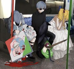  1girl 2boys bird blonde_hair blood blood_bag blue_hair brothers chinese_commentary ciel_phantomhive ciel_phantomhive's_brother dress earrings elizabeth_ethel_cordelia_midford eyepatch full_body hands_on_own_face highres jewelry kneehighs kuroshitsuji legwear_garter long_sleeves multiple_boys off_shoulder photo-referenced photo_background pizza_box short_hair siblings sitting socks train_interior turtleneck twins twintails undertaker_(kuroshitsuji) white_dress yjftttt 