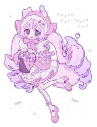  1girl 2025 @_@ absurdres apron asymmetrical_legwear black_eyes blunt_bangs blush_stickers bow bowtie bucket candy commentary_request double-parted_bangs dress drooling food full_body halloween happy_halloween hat highres holding holding_bucket long_hair long_sleeves looking_at_viewer mouth_drool niyu_(nennenkorori3) open_mouth original pink_hair pink_shoes red_bow red_bowtie red_dress red_hat shoes simple_background single_sock single_thighhigh sleeve_bow socks solo standing standing_on_one_leg thigh-highs uneven_legwear white_apron white_background white_bow white_socks white_thighhighs wrapped_candy 
