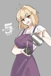  1girl absurdres ahoge antenna_hair arcueid_brunestud barista blonde_hair breasts clumsy collarbone commentary cowboy_shot cup dated english_commentary english_text fate/grand_order fate_(series) highres holding holding_cup jonyeld looking_at_viewer medium_breasts medium_hair open_mouth pouring red_eyes solo spill spilling tsukihime type-moon upper_body 