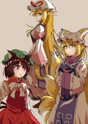  3girls :o animal_ear_piercing animal_ears ayuyu_yuka03 black_trim blonde_hair blue_tabard bow brown_eyes brown_hair brown_shoes cat_ears cat_girl cat_tail chen closed_mouth commentary_request dot_nose dress earrings fox_girl fox_tail frilled_dress frilled_sleeves frills frown green_hat hands_in_opposite_sleeves hat hat_ribbon highres jewelry kitsune kyuubi light_blush long_hair long_sleeves looking_at_viewer looking_to_the_side medium_hair mob_cap multiple_girls multiple_tails nekomata open_mouth profile purple_tabard red_ribbon red_skirt red_vest ribbon shoes short_hair simple_background single_earring skirt sleeve_ribbon smile standing tabard tail touhou two_tails very_long_hair vest white_background white_bow white_dress white_hat white_trim wide_sleeves yakumo_family_(touhou) yakumo_ran yakumo_yukari yellow_eyes yellow_trim 