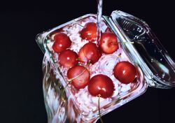  3aem black_background cherry food fruit fruit_focus highres no_humans original pouring water 