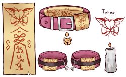  absurdres candle collar ddrawins highres multiple_views no_humans object_focus ofuda original pink_collar tattoo winged_heart winged_heart_tattoo 