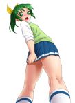  covering covering_ass from_below green_eyes green_hair kneepits legs looking_back midorikawa_nao onsoku_maru open_mouth ponytail precure simple_background skirt skirt_tug sleeves_rolled_up smile_precure! solo sweater_vest thighs 