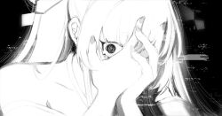 1girl bare_shoulders cho_kaguya-hime! collarbone covering_own_mouth crying crying_with_eyes_open glitch greyscale halterneck hand_over_own_mouth hands_on_own_face hinagi_(fox_priest) long_hair looking_at_viewer monochrome portrait runami_yachiyo solo squiggle_eyes tears 