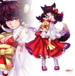  animal_ears bare_shoulders bow box_(hotpppink) breasts brown_hair detached_sleeves face hair_bow hair_tubes hakurei_reimu kemonomimi_mode long_hair miko parted_lips red_eyes signature solo tail touhou zoom_layer 