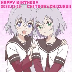  2girls :d black_sailor_collar blue_eyes buttons character_name commentary_request dated dress glasses grey_hair hands_on_another's_shoulders hands_up happy_birthday highres ikeda_chitose ikeda_chizuru layered_sleeves light_blush long_sleeves multiple_girls nanamori_school_uniform pixel_art red_dress rimless_eyewear round_eyewear sailor_collar sailor_shirt school_uniform shirt short_hair short_over_long_sleeves short_sleeves siblings sisters smile tareme tsurime twins upper_body white_shirt yuru_kaze yuruyuri 