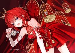  2girls 3boys :d =_= alice's_adventures_in_wonderland alice_(alice_in_wonderland) alice_(alice_in_wonderland)_(cosplay) ange_katrina apron aqua_dress aubrey_(kyarairo) bare_shoulders belmond_banderas belmond_banderas_(1st_costume) bent_over birdcage blue_eyes bridal_gauntlets cage commentary_request cosplay cross-laced_bridal_gauntlets crown dress frilled_bridal_gauntlets gold_crown hair_between_eyes hair_intakes halter_dress halterneck hand_up hanging high-low_dress holding holding_mini_person in_cage kuzuha_(1st_costume)_(nijisanji) kuzuha_(nijisanji) light_particles lize_helesta looking_at_another medici_collar medium_hair mini_crown mini_person miniboy minigirl multiple_boys multiple_girls nail_polish nijisanji open_mouth queen_of_hearts_(alice_in_wonderland) queen_of_hearts_(alice_in_wonderland)_(cosplay) quilted_clothes red_dress red_hair red_nails red_ribbon ribbon scared size_difference sleeveless sleeveless_dress smile tassel trapped twitter_username usami_rito usami_rito_(1st_costume) virtual_youtuber waist_apron white_apron white_bridal_gauntlets white_hair 