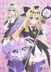  1girl antenna_hair argyle_background black_bow black_bowtie black_capelet black_dress black_ribbon black_thighhighs blonde_hair bow bowtie braid brooch capelet closed_mouth commentary crown_braid cure_arcana_shadow diamond_hairband dot_mouth dress dual_persona earrings eating fairy floating_earrings food frilled_capelet frilled_cuffs frilled_dress frilled_sleeves frills gradient_hair grey_hair hair_bow hair_intakes hair_ribbon heart heart_brooch highres holding holding_ice_cream_cone holding_rod holding_staff ice_cream ice_cream_cone jewelry layered_dress light_frown long_hair long_sleeves looking_at_viewer magical_girl mashu-tan medium_dress medium_hair meitantei_precure! moria_luluka multicolored_hair multiple_scoops multiple_views necklace ono_(wimawi838) pink_eyes pink_hair precure purple_thighhighs purple_veil purple_wrist_cuffs ribbon rod shirt short_dress sparkle staff standing tear_arcana_rod thigh-highs veil very_long_hair violet_eyes white_shirt wrist_cuffs zettai_ryouiki 