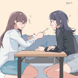  2girls bang_dream! bang_dream!_it's_mygo!!!!! black_hair black_jacket blue_skirt blush brown_hair cake commentary_request earrings feeding food fork grey_skirt highres holding holding_plate jacket jewelry multiple_girls nanami_(nunnun_0410) open_mouth plate shiina_taki sitting skirt sweatdrop translation_request violet_eyes white_jacket yahata_umiri 