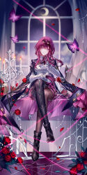  1girl absurdres artist_name asymmetrical_footwear black_boots black_cat black_jacket boots bug butterfly candle cat chinese_commentary commentary_request crossed_legs cup curtains drinking_glass english_commentary eyewear_on_head fire flower gloves hand_up head_tilt highres holding holding_cup honkai:_star_rail honkai_(series) index_finger_raised jacket jewelry kafka_(honkai:_star_rail) long_hair long_sleeves looking_at_viewer mixed-language_commentary open_clothes open_jacket pantyhose petals purple_gloves purple_hair red_flower red_rose revision ring rose rose_petals sheya shirt signature single_thigh_boot sitting smile solo sunglasses thigh_boots violet_eyes white_shirt window wine_glass 