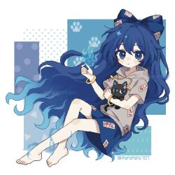  1girl bangle barefoot blue_bow blue_eyes blue_fire blue_hair blue_skirt bow bracelet chinese_commentary closed_mouth commentary_request fafa feet fire full_body grey_hoodie hair_between_eyes hair_bow highres hood hoodie jewelry long_hair looking_at_viewer pixel_art pyrokinesis short_sleeves skirt solo stuffed_animal stuffed_cat stuffed_toy toes touhou twitter_username very_long_hair yorigami_shion 
