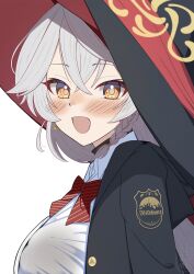  1girl :d black_hat blue_archive blush bow bowtie braid breasts brown_halo commentary crossed_bangs diagonal-striped_bow diagonal-striped_bowtie diagonal-striped_clothes eri_(blue_archive) hair_between_eyes halo hat highres koshimizu_you large_breasts long_hair looking_at_viewer open_mouth shirt side_braid side_halo smile solo striped_bow striped_bowtie striped_clothes tilted_halo two-sided_fabric two-sided_headwear white_hair white_shirt wildhunt_art_academy_logo witch_hat 