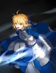  ahoge armor armored_dress blonde_hair fate/stay_night fate_(series) gauntlets green_eyes hair_ribbon highres invisible_air lightofheaven open_mouth ribbon saber solo sword weapon wind 
