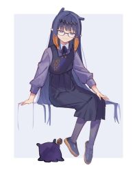  1girl black_dress black_hairband blue_eyes chocolate_chip_cookie closed_mouth cookie diamond_hairband dress food glasses hairband highres holding holding_cookie holding_food hololive hololive_english invisible_chair light_smile long_hair multicolored_hair ninomae_ina'nis ninomae_ina'nis_(casual) orange_hair pantyhose pointy_ears purple_hair purple_pantyhose purple_shirt shirt sitting takodachi_(ninomae_ina'nis) tentacle_hair tentacleluver virtual_youtuber 