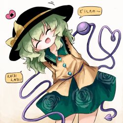  1girl arms_behind_back black_hat bow buttons collared_shirt commentary_request diamond_button eyeball facing_viewer floral_print frilled_shirt_collar frills green_hair green_skirt hat hat_bow heart heart_of_string heripantomorrow komeiji_koishi long_sleeves open_mouth print_skirt rose_print shirt skirt smile solo speech_bubble third_eye touhou translation_request yellow_bow yellow_shirt 