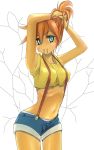  1girl adjusting_hair armpits bare_shoulders benejikuto blue_eyes blush crop_top kasumi_(pokemon) lace-trimmed_panties midriff mouth_hold navel orange_hair panties pokemon pokemon_(anime) ribs short_hair shorts simple_background solo suspenders underwear white_background 