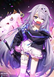  1girl absurdres adarin asymmetrical_legwear birthday birthday_cake black_jacket bright_pupils cake chest_jewel choker colored_inner_hair commentary confetti cowboy_shot dress fingernails flat_chest food frilled_dress frills fur_thigh_strap googly_eyes hair_flaps happy_birthday headphones headphones_around_neck highres holding holding_sword holding_weapon hololive hololive_english jacket jewel_under_eye katana koseki_bijou koseki_bijou_(pebble_pajamas) lace-trimmed_choker lace_trim long_hair long_sleeves looking_at_viewer mismatched_legwear multicolored_hair official_alternate_costume one_eye_closed open_clothes open_jacket open_mouth pebble_(koseki_bijou) purple_hair purple_nails quilted_jacket sheath sheathed shorts sleep_mask sleepwear sleepy solo striped_clothes striped_thighhighs swept_bangs sword thigh-highs tomato_(sword) very_long_hair violet_eyes virtual_youtuber wavy_mouth weapon white_dress white_shorts 