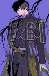  1boy absurdres armor arms_at_sides atakigiri_(touken_ranbu) black_coat black_hair black_pants black_shirt buttons closed_mouth coat cowboy_shot expressionless gloves hair_over_eyes half-closed_eyes high_collar highres japanese_armor katana keita_kg85 long_bangs looking_at_viewer male_focus one_eye_covered pants popped_collar purple_background sheath sheathed shirt short_hair sideways_glance simple_background standing sword touken_ranbu violet_eyes weapon white_gloves 