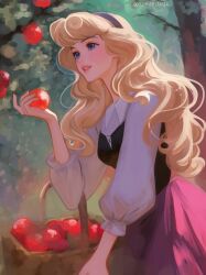  1girl apple artist_name aurora_(disney) basket black_corset black_hairband blonde_hair blue_eyes bush collared_shirt commentary_request corset cowboy_shot food forest from_side fruit hairband highres holding holding_basket holding_food holding_fruit lips long_hair long_skirt looking_ahead nature outdoors parted_lips picking_fruit princess puffy_sleeves purple_skirt shirt signature skirt sleeping_beauty_(disney) solo swept_bangs tomoe_(shoushou781) tree twitter_username wavy_hair white_shirt 