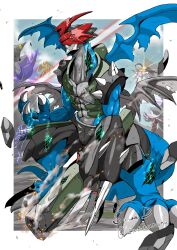  angewomon archnemon arm_cannon armor blue_skin blue_wings chin_spike claws colored_skin digimon digimon_(creature) digimon_adventure_02 dragon electricity green_armor grey_wings gun helmet highres looking_at_viewer multiple_wings paildramon pegasmon red_eyes red_helmet sawa_d shoulder_spikes spikes weapon wings wireframe x_(symbol) 