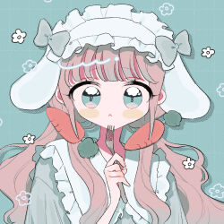  1girl :< blush_stickers bow closed_mouth collared_shirt commentary_request drop_shadow fork frilled_hairband frilled_shirt_collar frills green_background green_bow green_eyes green_shirt grid_background hair_bow hairband highres holding holding_fork long_hair looking_at_viewer low_twintails niyu_(nennenkorori3) original pink_hair shirt solo twintails upper_body white_hairband 